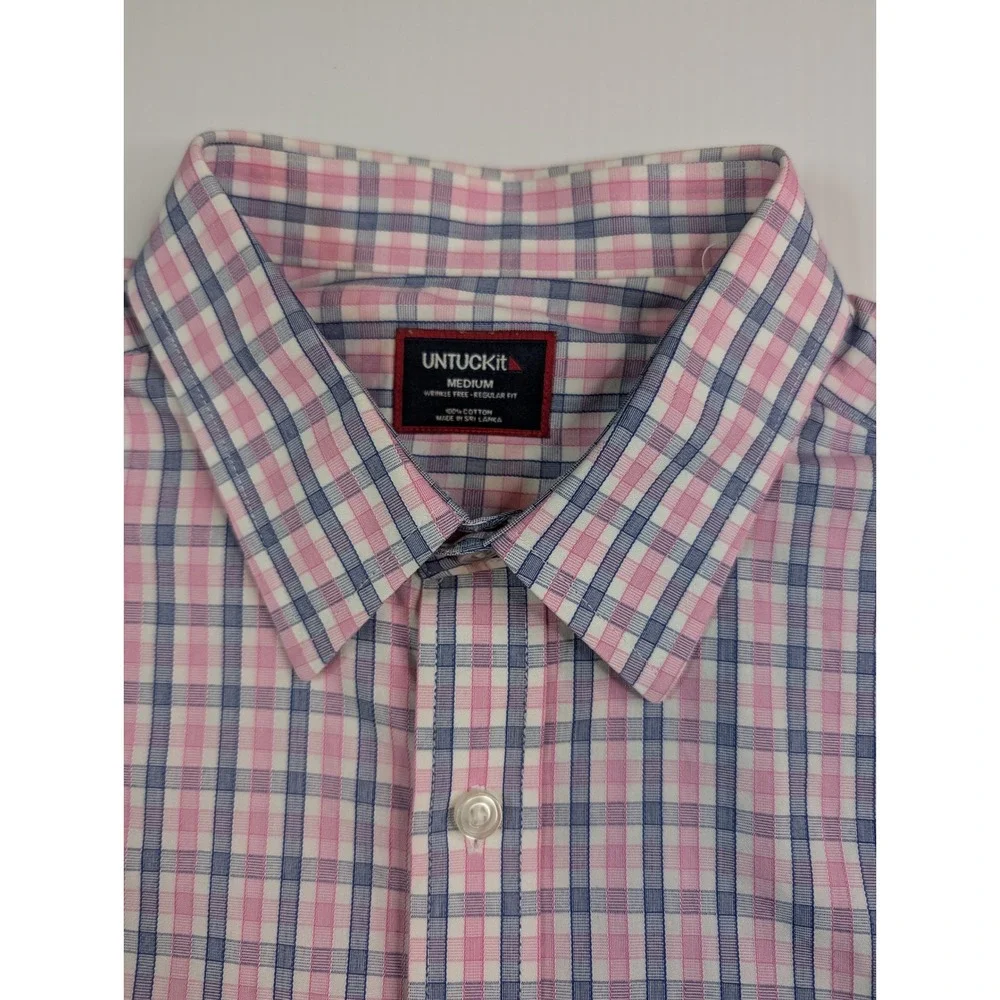 UNTUCKit‎ Mens Medium Wrinkle Free Regular Fit Shirt Pink Blue Check Long Sleeve